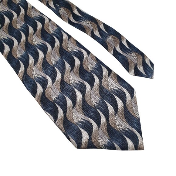 Vintage Designer Pierre Cardin Men Wavy Pattern Silk Tie Blue Silver Tan Dad - Picture 2 of 5